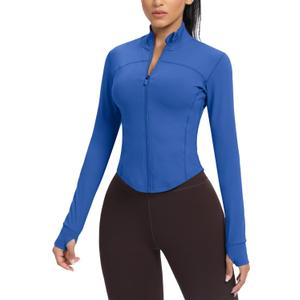 AVGO Women's Cropped Running Workout Jackets Zip Slim Fit Athletic Tops with Thumb Holes(Deep Blue, S)