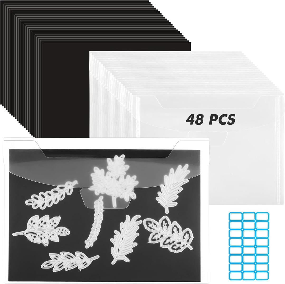 48 Pcs 5 x 7 Inch Magnetic Sheets for Dies Storage 0.6 mm Thickness Non-Adhesive Magnetic Sheets with Die Storage Bags, Die Cut Storage Essential Set (24 Pcs Sheets+24 Pcs Pockets+Label Stickers)