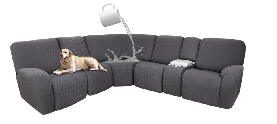 100% Waterproof Sectional Recliner Couch Covers for Reclining Couch L Shaped Corner Sectional Sofa Cover Jacquard Stretch L Shape Recliner Slipcovers (5 Seater 1 Console Cover, Deep Grey)