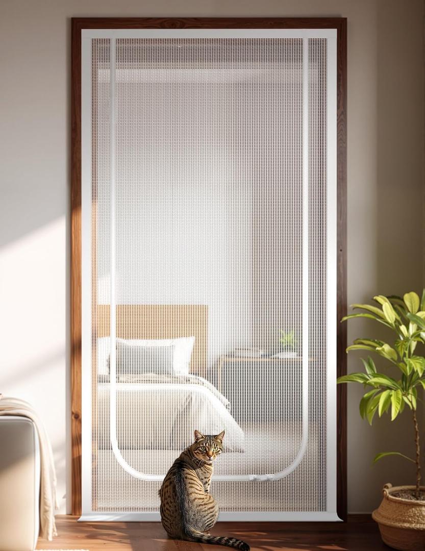 Cat Screen Door, Extra Tall Cat-Proof Mesh Gate, Fit Door Size 32'' x 80'', Anti Scratch Mesh with Zipper Closure, for Living Room, Kitchen, Bedroom (White, U-Shaped)