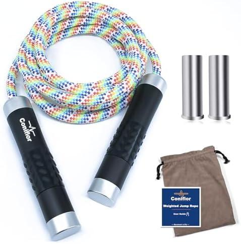 Coniflor Weighted Jump Rope, 1LB Tangle-Free Ball Bearing Rapid Speed Skipping Rope for Men Women, Adjustable 9mm Cotton & PVC Rope with Alum Handle for Boxing MMA Weight-Loss Athletic Workout Fitness