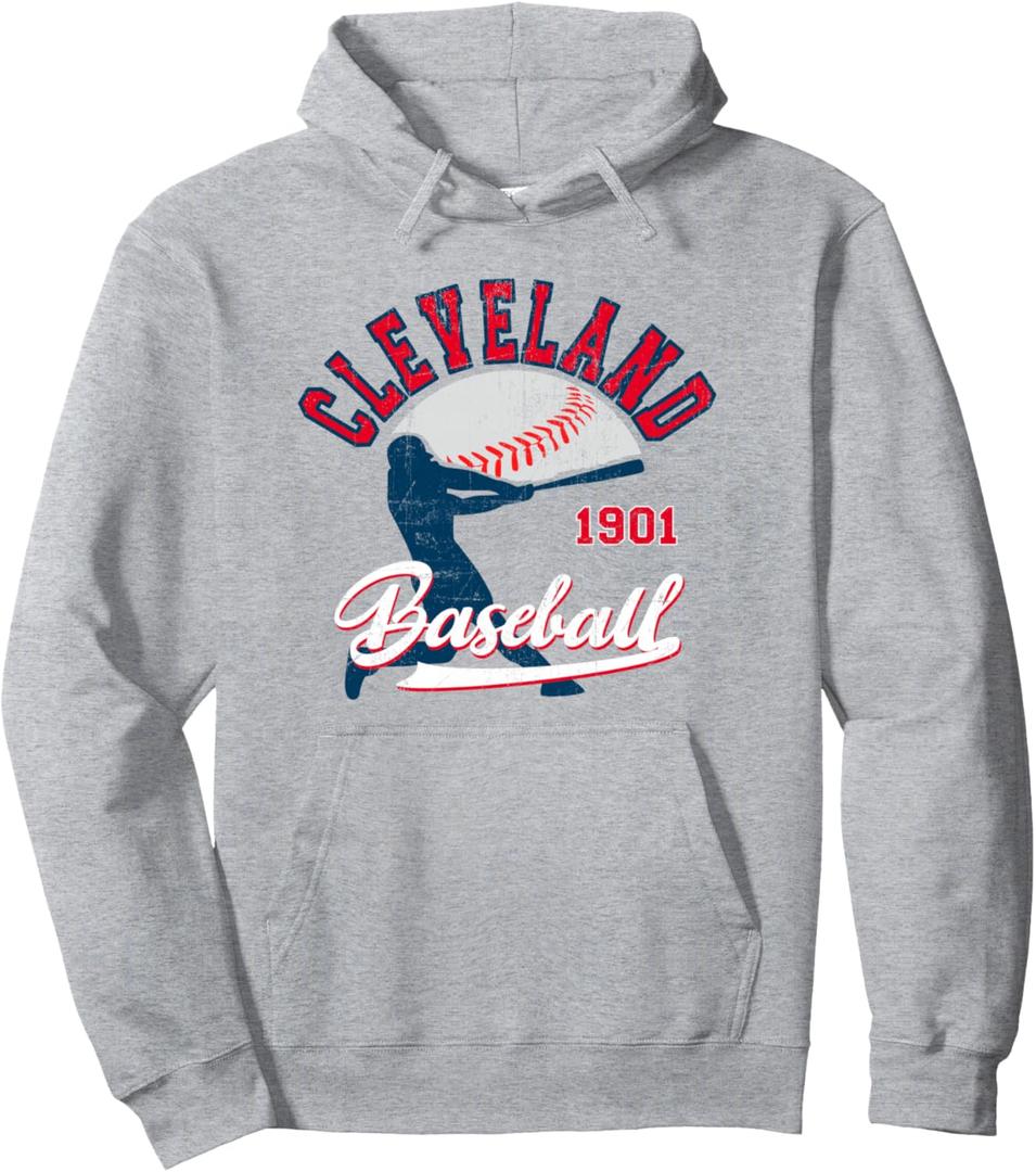 Vintage Batter Game Day Cleveland Baseball Pullover Hoodie (Large, Heather Grey)