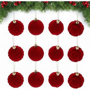 GLEAVI Velvet Christmas Tree Balls: 12pcs Plastic Flocked Balls Ornaments Red 2.36 Inch for Party Xmas Tree Hanging Decoration