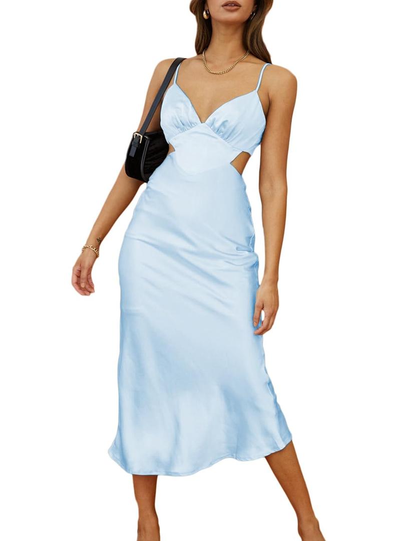 Satin Slip Backless Midi Dress for Wedding Guest Silk V Neck Cut Out Tie Back Long Dresses for Women 2023 White