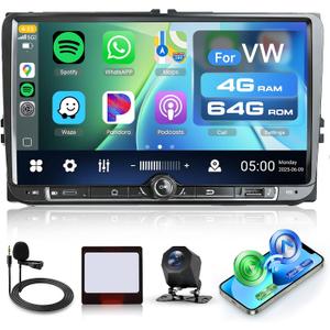 Rimoody 4G+64G Android Car Stereo for VW Passat Jetta Tiguan Golf MK5 MK6 T5 EOS Polo Touran Seat Sharan Carplay Android Auto, 9'' Touchscreen Radio Bluetooth Mirror Link WIFI GPS FM DSP Backup Camera