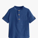 Boys Short Sleeve Henley Shirt Button Up Linen Cotton Dress Shirts Tees Tops with One Pocket, Size 9-10