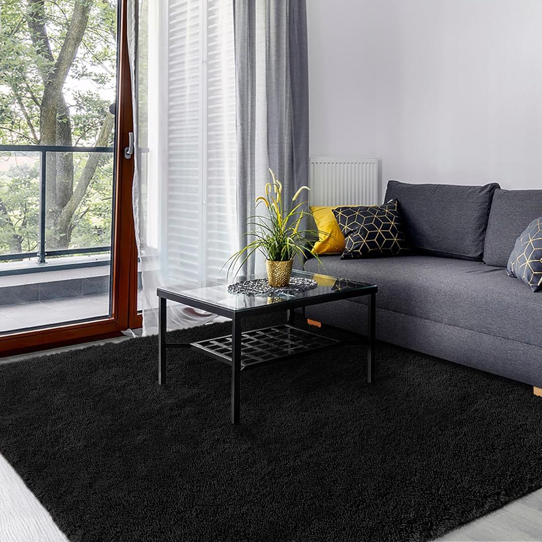 Area Rugs for Bedroom Living Room, 3x5 ft Solid Fluffy Shaggy Rug, Small Washable Non-Slip Soft Throw Carpet for Kids Nursery and Home Decor, Black