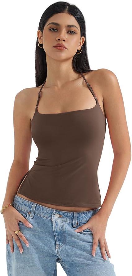 SUUKSESS Women Halter Double Lined Tank Top Backless Going Out Camisole Crop Top L