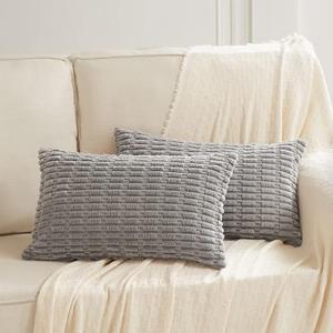 Fancy Homi 2 Packs Gray Lumbar Farmhouse Decorative Throw Pillow Covers 12x20 Inch for Living Room Couch Bed Sofa, Rustic Boho Home Decor, Soft Striped Corduroy Rectangle Cushion Case