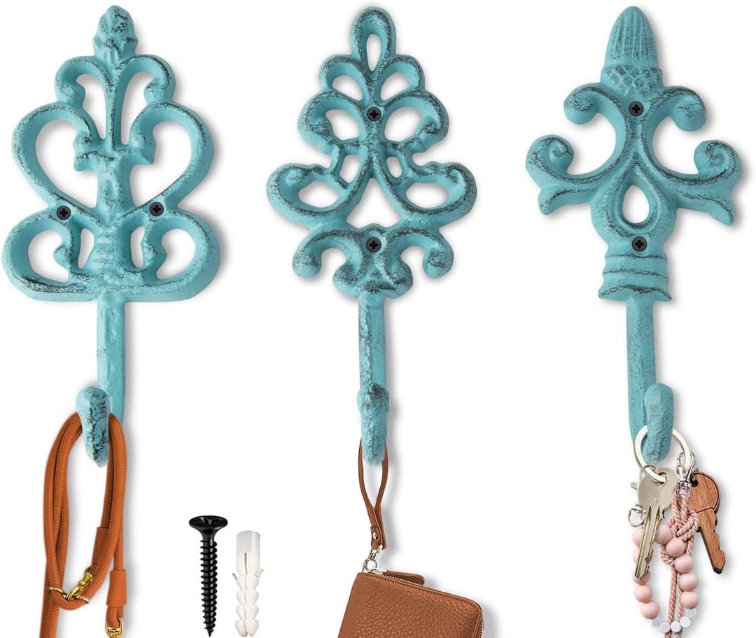 Comfify Shabby Chic Decorative Wall Hooks - Set of 3 - Cast Iron French Country Wall Decor - Farmhouse Hangers for Coats, Purses and More - Blue