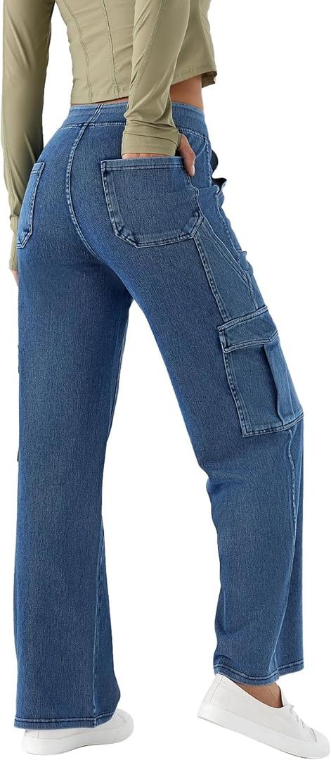 Pull On Elastic Waist Cargo Jeans for Women - Mid Rise Wide Leg Comfort Fit Stretchy Soft Denim Pants, Size 14