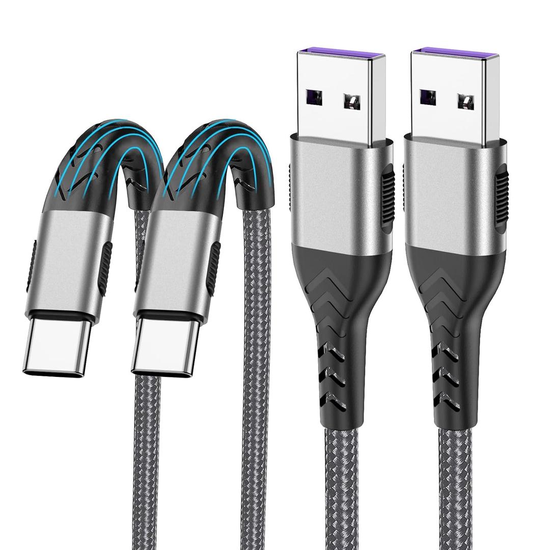 2-Pack 10FT USB C Cable, Type C Cable to Type C with Silver Connector Gray Braided Fast Charger Cord to USB C for Phone/Android/Samsumg, Anti-Slip Design Durable Charger Cord for Phone 17/16/15 etc