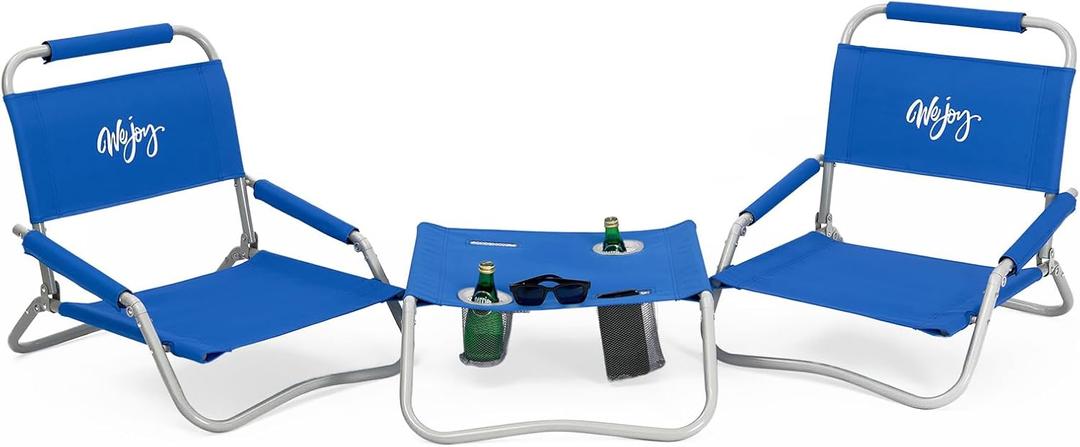 #WEJOY 2 Pack Beach Chairs and Table Set Folding Low Beach Chairs for Adults Lightweight Outdoor Chair with Carry Bag for Lawn Camping Picnic Sports Blue Chair & Table Set