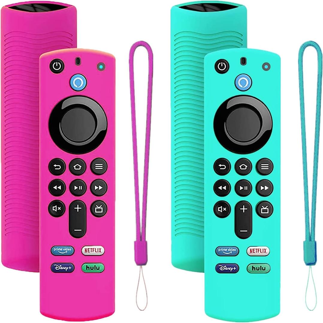 2Pack Remote Cover for Firetvstick 4K Max (3rd Gen) 2021,Silicone Protective Case Compatible with Firetv4k TV Stick Alexa Voice Remote Control with Lanyards,Anti-Slip,Shockproof(Rose Red&Sky Blue)