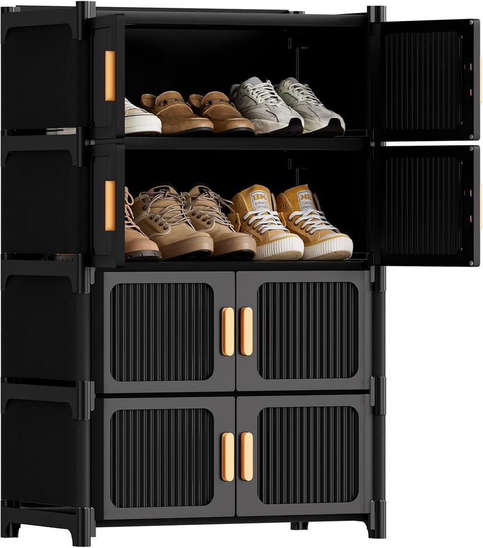 Shoe Rack, 5 Tier Shoe Storage Cabinet with 4 Doors, 15 Pair Plastic Shoe Cabinet with Waterproof, Outdoor Shoe Shelves Organizer for Entryway, Bedroom, Hallway,Living Room, Black