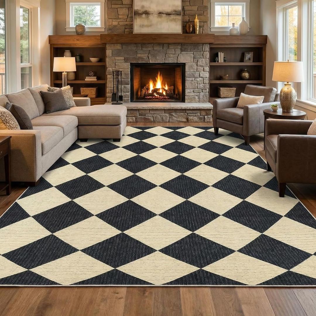 GarveeHome Area Rugs 8x10 for Living Room, Checkered Large Washable Rug Soft Non Slip Backing Floor Mat Carpet Indoor Thin Black Rug for Bedroom Dining Room Playroom Nursery Home Decor