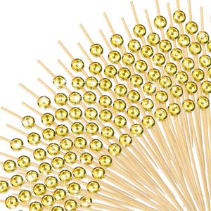 Hushee 300 Pcs Disco Ball Cocktail Picks 4.7 Inch Bamboo Decorative Toothpicks for Appetizers Drinks Fancy Skewers for Party Wedding Bar Restaurant Home Disposable Food Garnish Sticks (Gold)