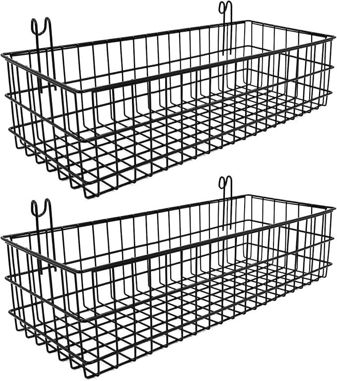 4 Pack Metal Hanging Wire Baskets with Hooks, Black Wire Wall Baskets for Grid Panel Organizer, Multi-Function Grid Wall Baskets for Kitchen Bathroom Storage Display Shelf, Home Decoration