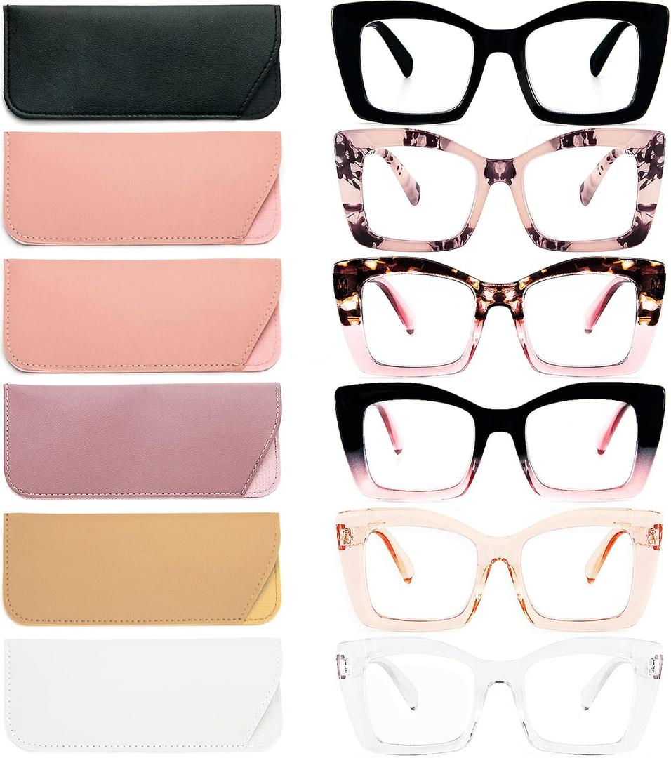 REAVEE 6 Pack Oversized Square Reading Glasses for Women, Blue Light Blocking Large Frame Computer Designer Fashion Readers Spring Hinge with Leather Case, 1.5