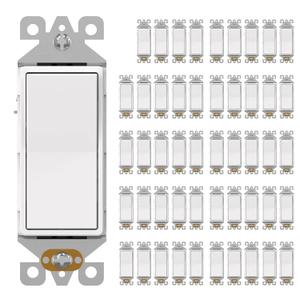 AIDA Single Pole Rocker Decorator Light Switch, 15 Amp Self-grounding Electrical Light Switches, Wall Plate Included, Residential Grade, UL Listed (50 Pack, Matte White)