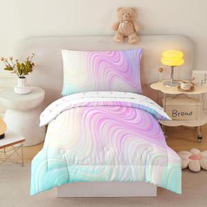 4 Pieces Toddler Comforter Set for Girls,Pink Tie Dye Toddler Bedding with Comforter Sheets and Pillowcase