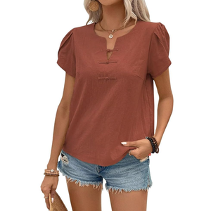 Women's Summer Tops Petal Short Sleeve V Neck Blouses Dressy Casual Fitted Cute Solid Shirts 2025 Size Medium, Bronze 