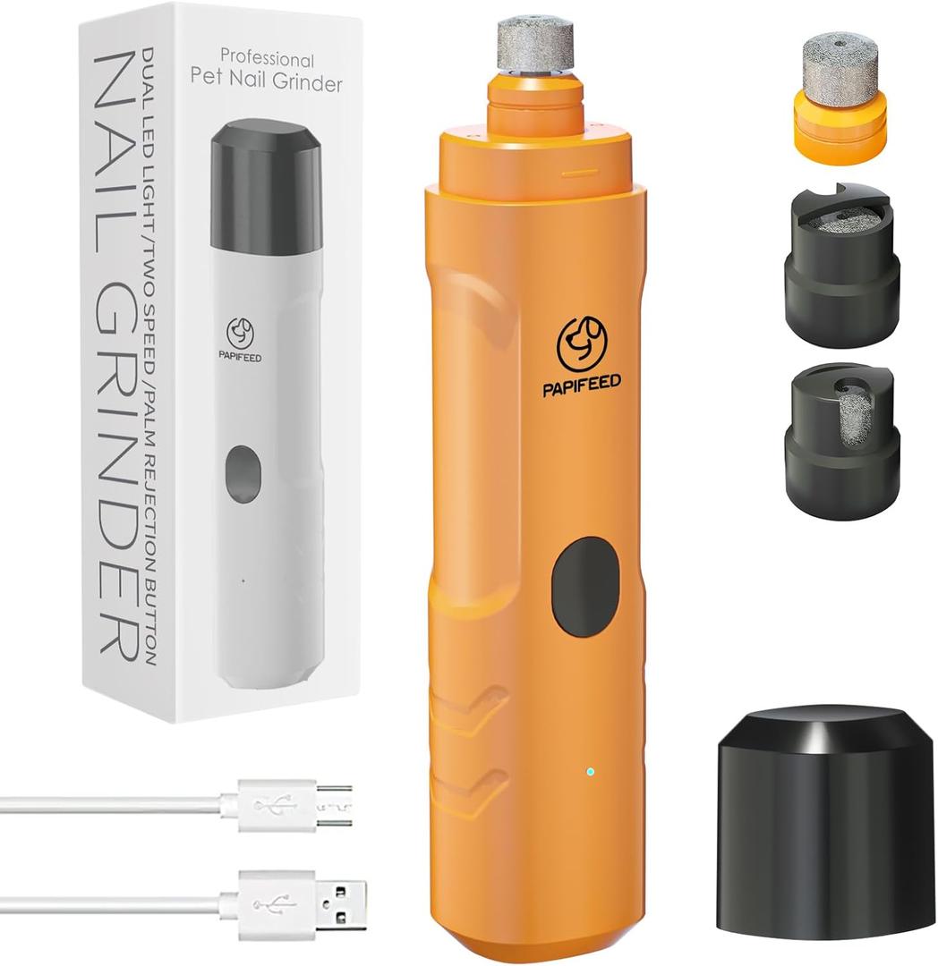 PIPAFFEED Dog Nail Grinder with 2 LED Lights, 3-Speed Rechargeable & Quiet - Upgraded Electric Pet Nail Trimmer for Small Medium Large Dogs Cats, Painless Paws Grooming Tool -Orange