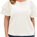 ZOMVA Women's 2024 Plus Size Satin Blouse Short Ruffle Sleeves Silk Top Dressy Shirt Office Elegant (5X, Pearl White)