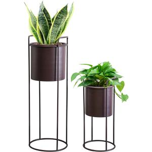 TRIROCKS Set of 2 Planters with Stand Large Metal Planter for Indoor Plants 28 &18" H Plant Pots for Living Room Corner Kitchen Office Garden Balcony Patio Decor(Brown)