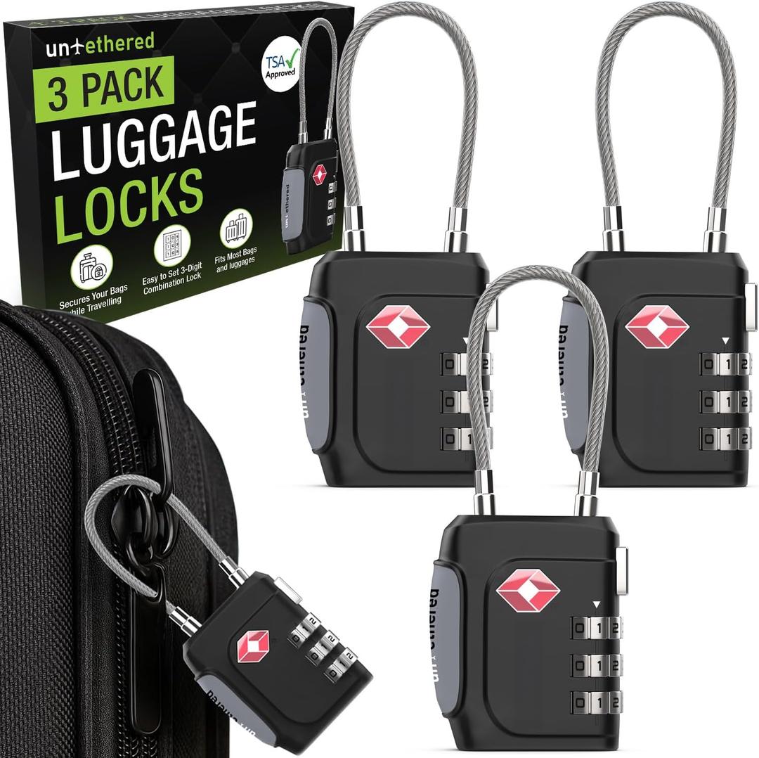 Untethered TSA Luggage Locks (3 Pack) Resettable 3-Digit Combination TSA Approved Travel Padlocks for Suitcases, Backpacks, Gym Bags & Checked Baggage (3 Pack | Black)