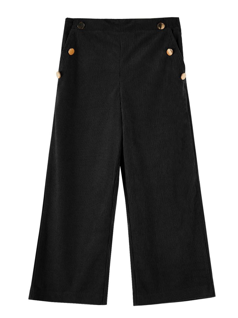 Haloumoning Girls Wide Leg Corduroy Pants Kids Elastic Waist Gold Button Trousers with Pockets, Size 130