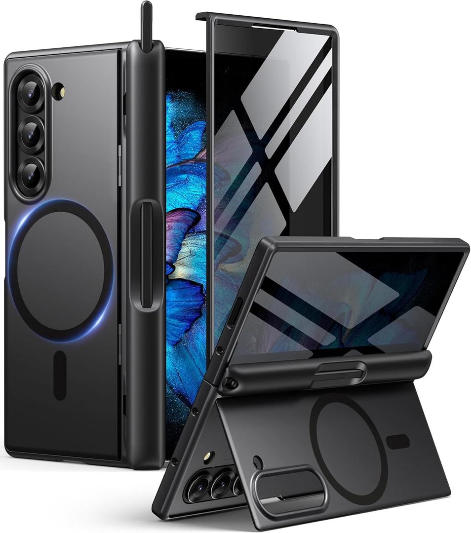 BERFY Magnetic for Samsung Galaxy Z Fold 6 Case with Privacy Screen Protector, [Compatible with MagSafe][Anti Spy]Built-in S Pen Holder & Kickstand, Full-Body Shockproof Phone Case for Z Fold 6, Black (Z Fold 6 Case with S Pen Holder(no pen), Black with Privacy Screen Protector)