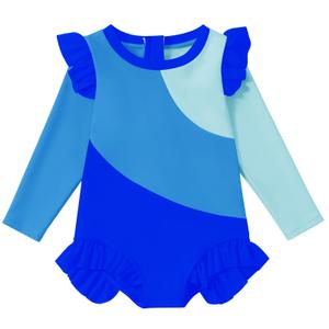 WISREMT Toddler Baby Girls Long Sleeve Swimsuit,Blue,4-5T,UPF 50+ Rash Guard with Zipper Ruffle One Piece Bathing Suit (Blue)