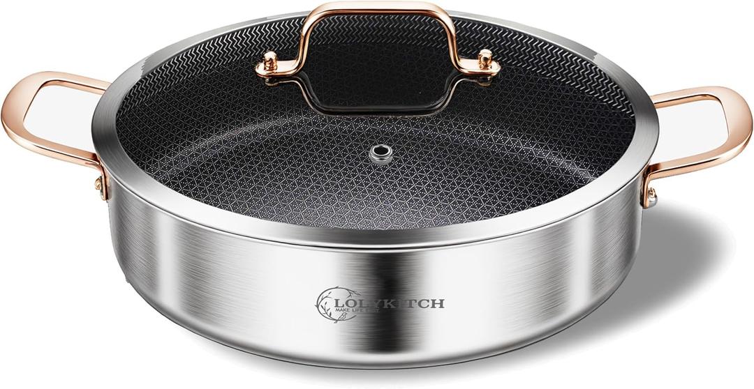 LOLYKITCH 6 Quarts Hybrid Tri-Ply Stainless Steel Saut Pan with Lid,Induction Large Skillet, Jumbo Cooker,Dishwasher & Oven Safe