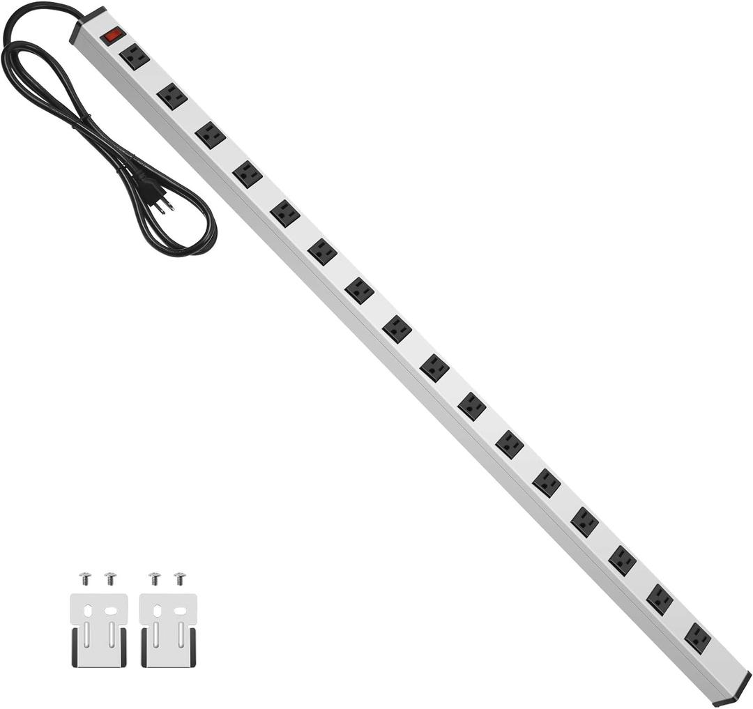 JUNNUJ Long Metal 16 Outlet Power Strip, Wide Spaced Garage Industrial Heavy Duty Power Strip with 6 FT Cord 15A, 125V, 1875W-Silver