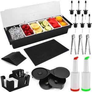 Bartending Supplies - 18" x 12" Bar Mat Garnish Tray with Lid Bar Caddy 3 Tier Bar Glass Rimmer, 2 Plastic Juice Pour Bottles 3 Mini Tongs 12 Classic Liquor Bottle Pourers 500 Cocktail Straws(Black)