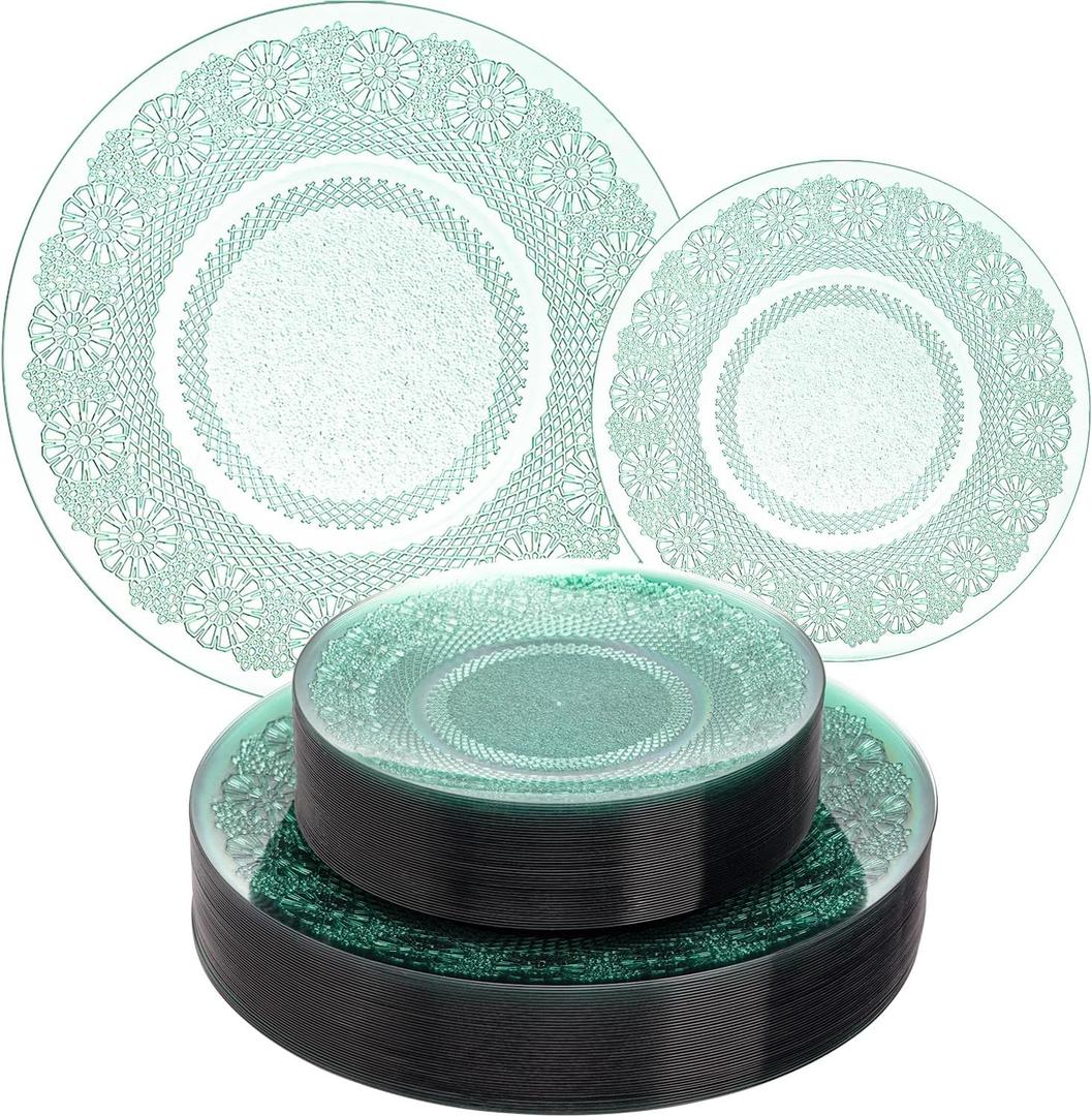 100PCS Green Plastic Plate, Clear Green Disposable Plates Heavy Duty, Fancy Floral Disposable Plates Include 50 Dinner Plates and 50 Dessert/Salad Plates for Party & Christmas