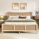 Christopher Knight Home Freda Boho Wooden Queen Bed Frame with Headboard, Rectangular Queen Size Bed Frame with Natural Rattan Adjustable Headboard, Platform Bed Frame, No Box Spring Needed, Brown