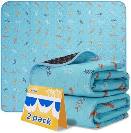 Sunheir Washable Pee Pads for Small Pet 2-Pack, Reusable Pet Training Pads Absorbent & Leak-Free, Waterproof Pee Pads for Dog Cat Rabbit Guinea Pig Hamster, Whelping Pad (Leaves - Sky Blue) 18x24 In
