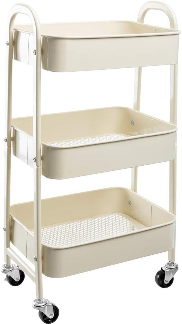 AGTEK Makeup Cart, Movable Rolling Organizer Cart,3 Tier Metal Utility Cart, Beige