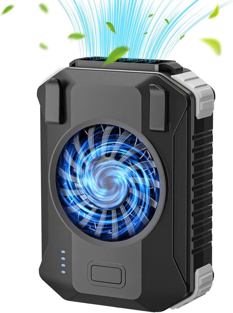 10000mAh Portable Waist Fan with Charger & Flashlight - 3-Speed Strong Airflow, Shirt Fan Clip-On Belt for Outdoor Work, Construction, Hiking, Cooling (Black)