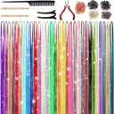 30 Colors 9900 Strands Hair Tinsel Kit, 48 Inch Glitter Tinsel Hair Extensions for July Fourth Christmas New Year Halloween Cosplay, Heat Resistant Fairy Hair Accessories for Girls, Kids, Women