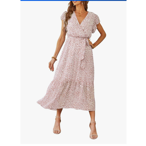 Women's Summer Floral Boho Maxi Dress Wrap Short Sleeve V Neck Ruffle A-Line Flowy Wedding Guest Long Dresses