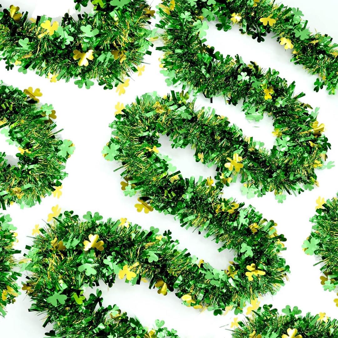 Gold Green Shamrock Tinsel Garland 33FT | Shiny Metallic Streamer Twist for Hanging St Christmas Decorations, Indoor Outdoor