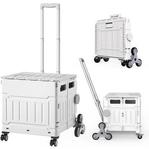 Foldable Utility Cart with Stair Climbing Wheels,Folding Portable Rolling Crate Handcart with Aluminium Alloy Telescoping Handles, Handcart for Grocery Book File Tool Art Supplies (White)