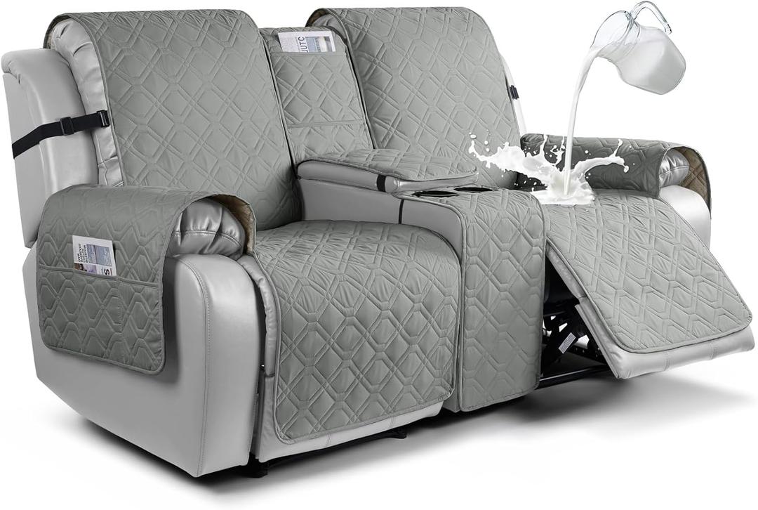 VANSOFY Loveseat Recliner Cover with Console 100% Waterproof Sofa Slipcovers Non-Slip Reclining Couch Cover Split Sofa Covers Furniture Protector for Pets, Dogs(Gray) (2 Seater+Console, Grey)