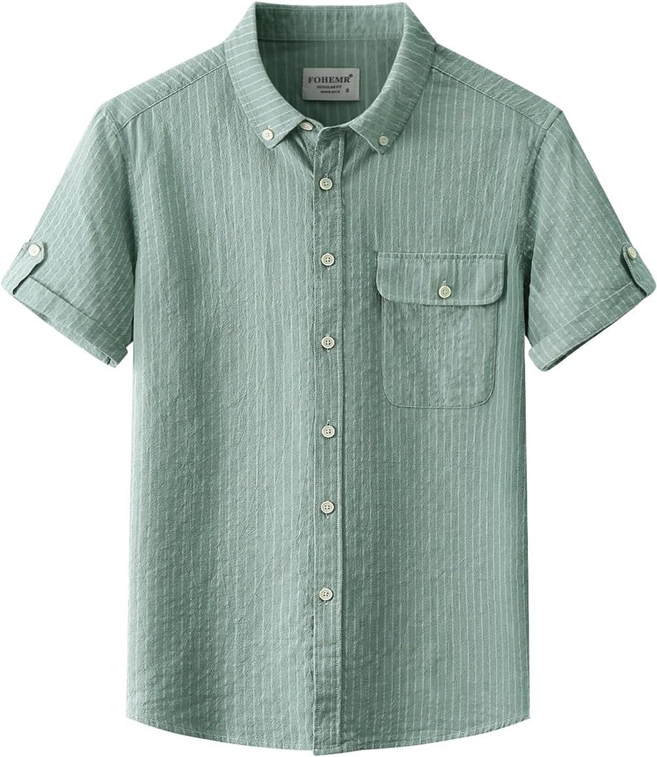 fohemr Mens Striped Casual Button Down Shirt Summer Pinstripe Short Sleeve (XL)