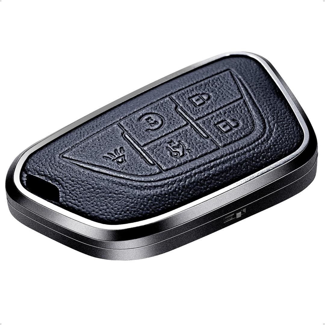 Black Leather and Aluminum Frame Smart Key Case Cover Compatible Cadillac Escalade ESV CT4 CT5 5 Button Keyless Car Remote Accessory