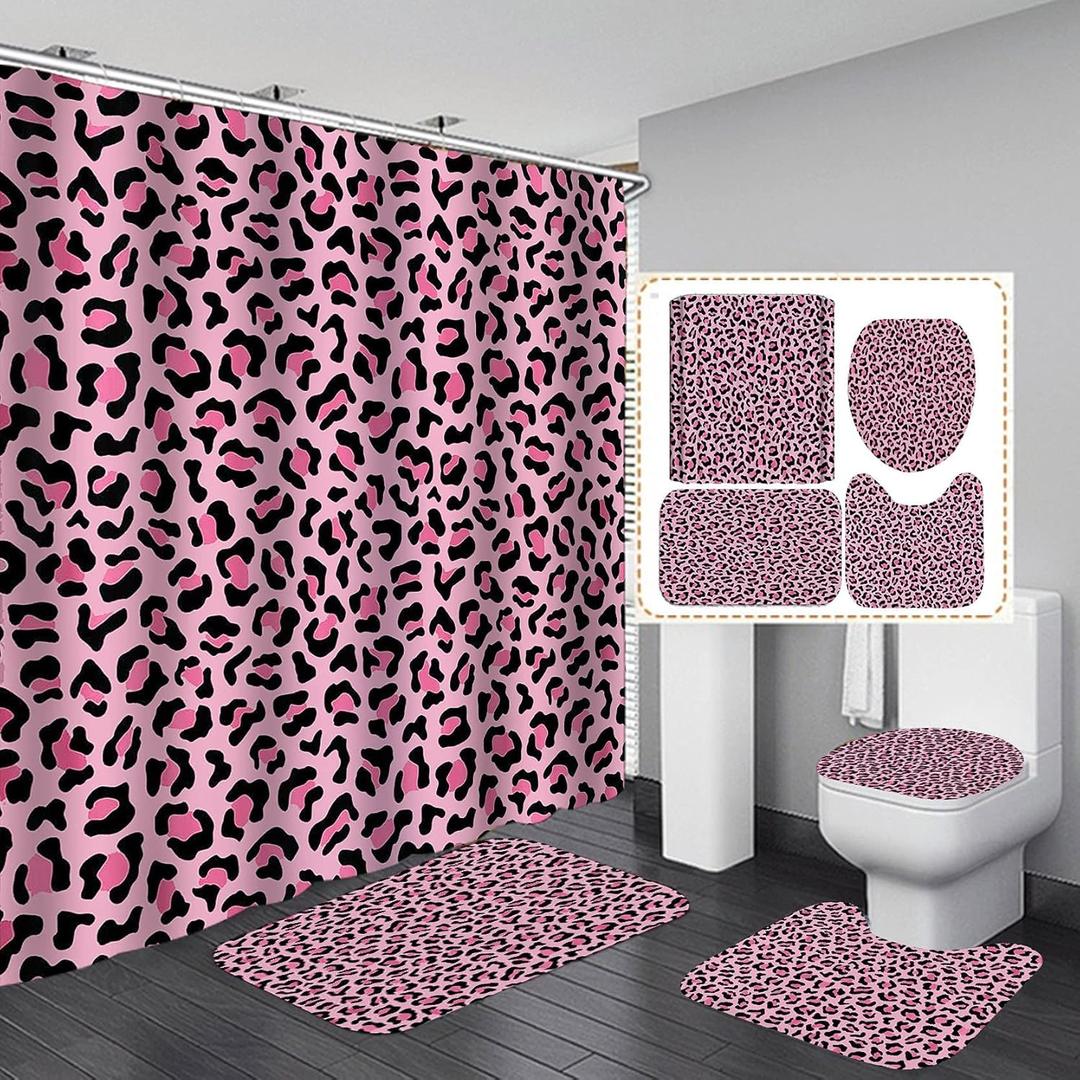 4PCS Pink Leopard Print Shower Curtain Set with Rugs, Toilet Lid Cover and Bath Mat, Shower Curtain with 12 Hooks, Durable Shower Curtain for Bathroom Set