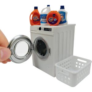 1:12 Scale Miniature Electric Washing Machine and Laundry Set, Realistic Dollhouse Accessories, Toy Washing Machine